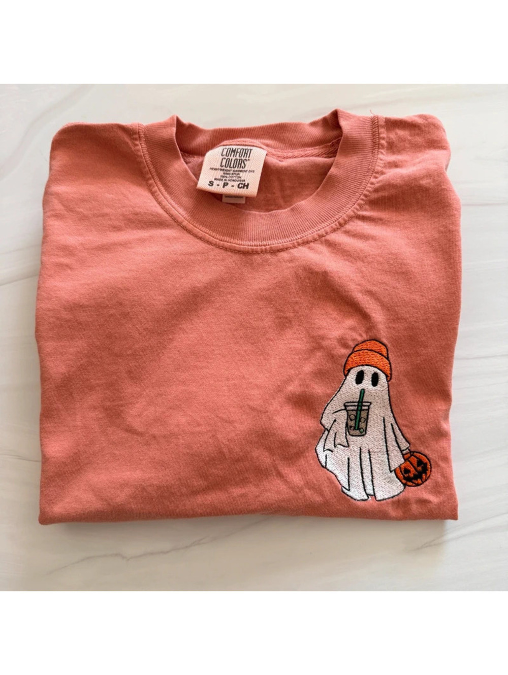 Comfort Colors Embroidered Iced Coffee Ghost Halloween T-Shirt Small Yam NWOT